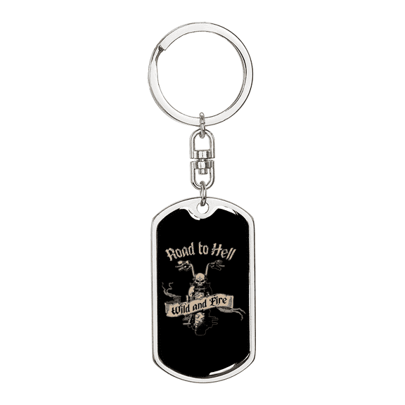 Road To Hell Biker Stainless Steel or 18k Gold Premium Swivel Dog Tag Keychain
