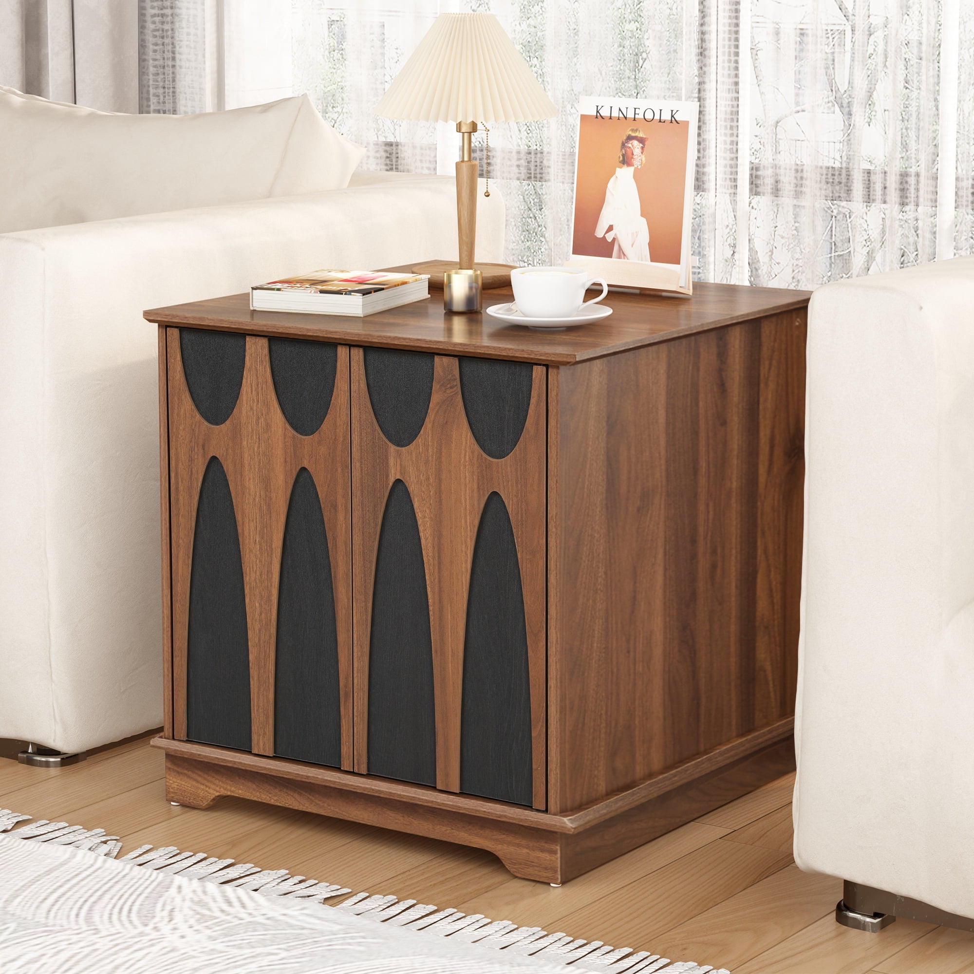 LEFHDA 24" Large Square End Table with Storage — Mid Century Modern Sofa Side Table, Nightstand with Doors/Drawer & Adjustable Shelf for Living Room, Bedroom, Office