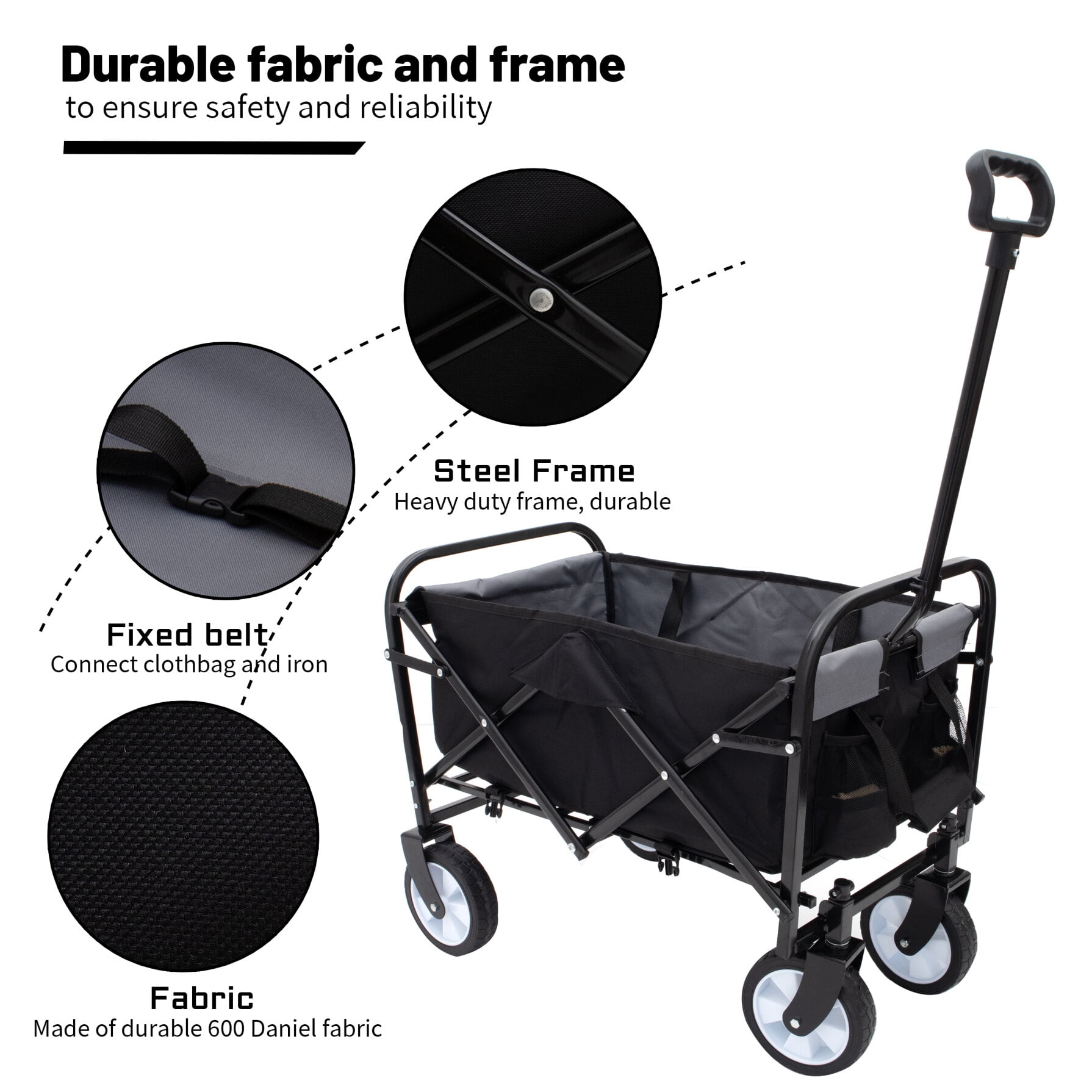 Utility Wagon Cart Foldable with Strapping System, Heavy Duty 225lbs Capacity, Lightweight Collapsible Design, Utility Cart, beach wagon with 360° Swivel Wheels for Beach, Camping, Shopping, Black