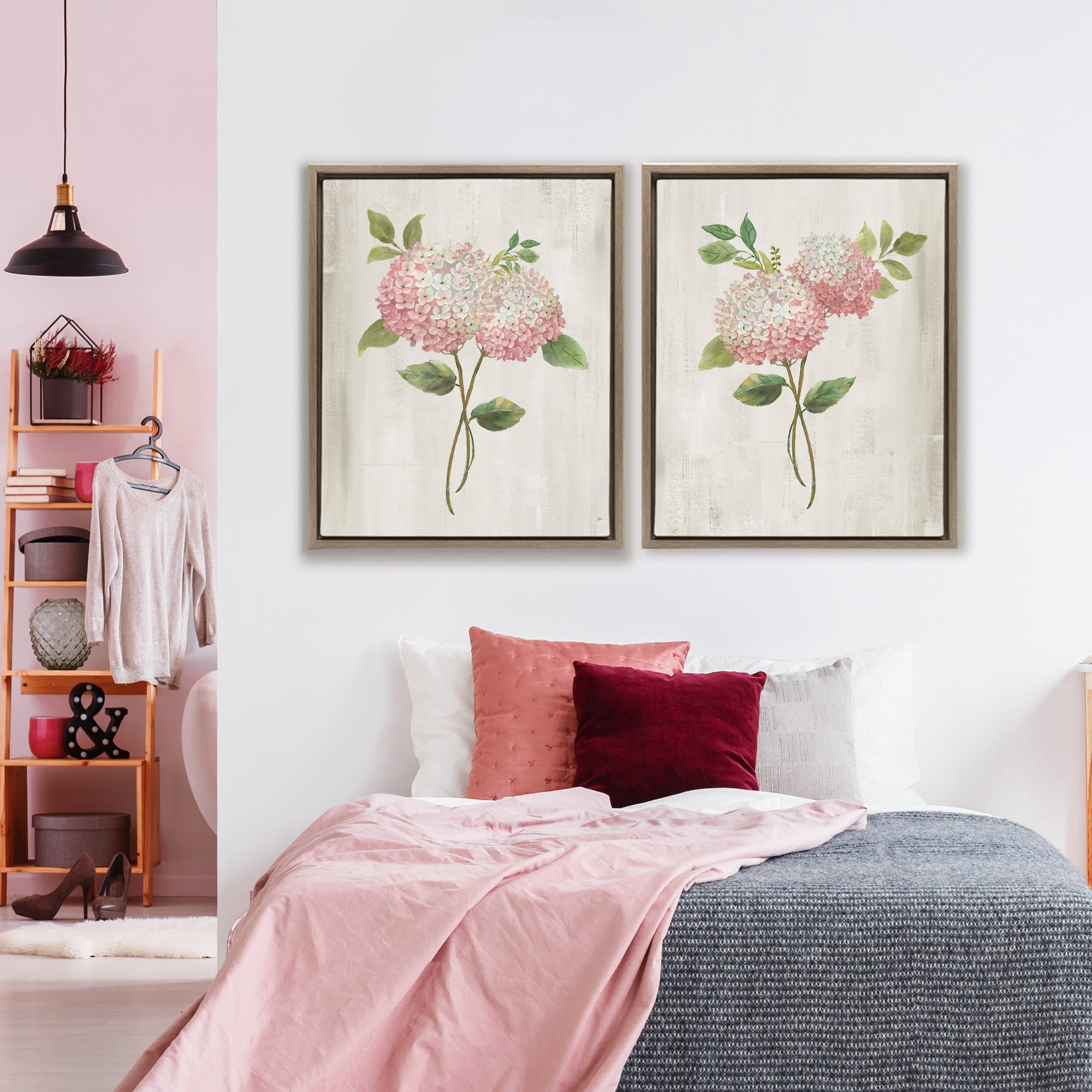 Stupell Industries Vintage Pink Hydrangea Pairs 2 Piece Brown Framed Floater Canvas Set, design by Nan