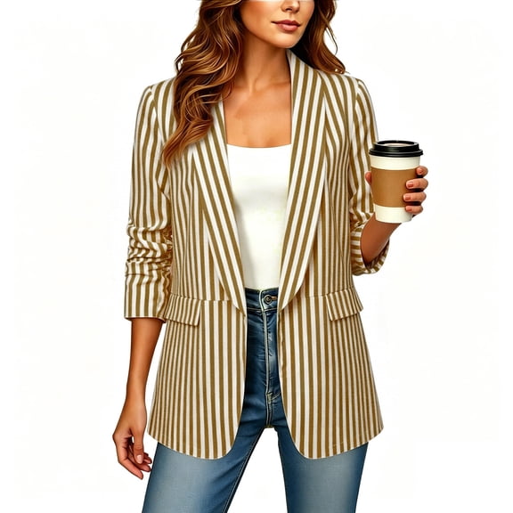 Ynynloco Women's Blazer Business Casual Striped Open Front Dressy 3/4 Ruched Sleeve Work Office Suit Jackets Blazer