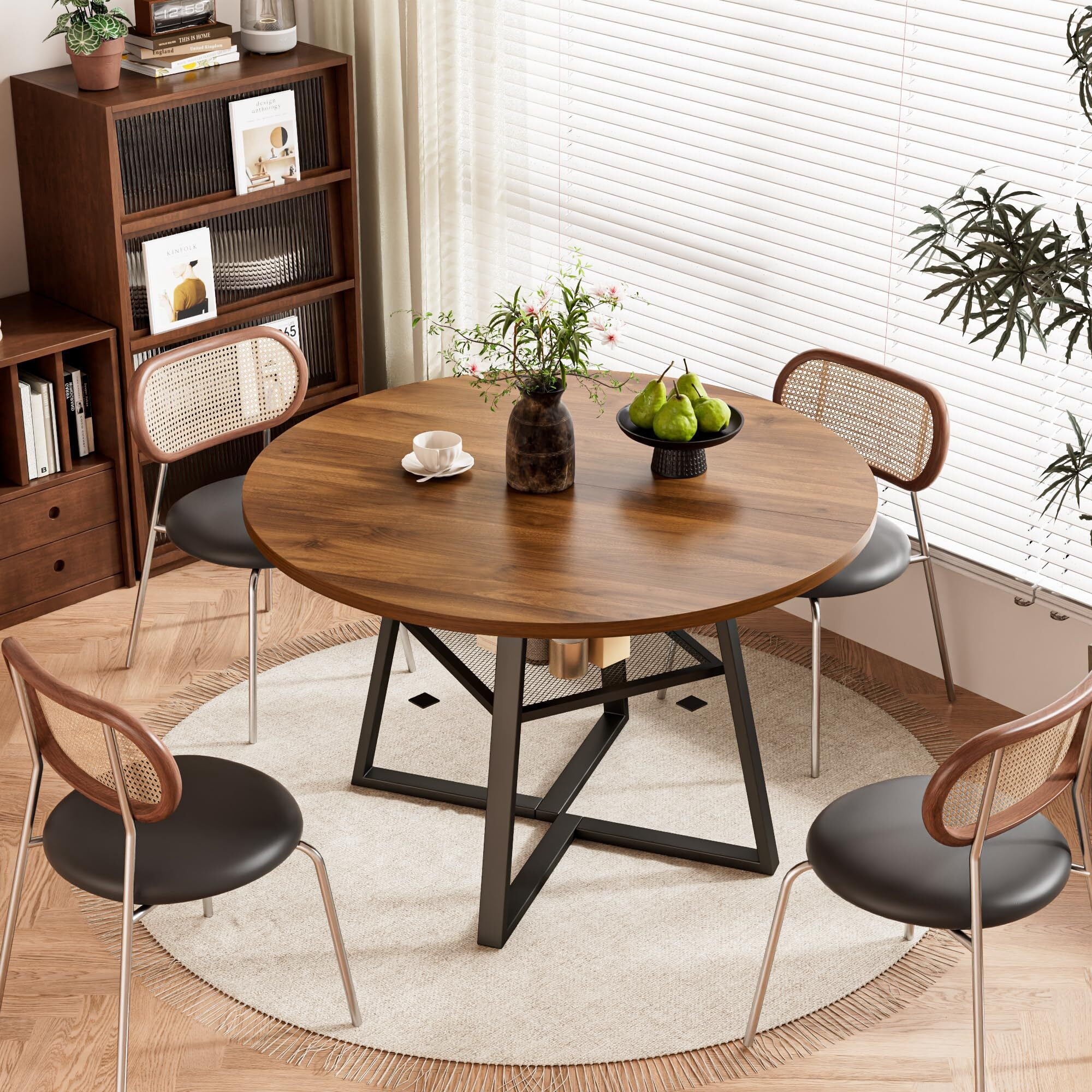 JEJEGORICH 47 in Round Dining Table for 4–6, Space Saving Kitchen Table with Storage, Mid Century Modern Metal Legs, Walnut