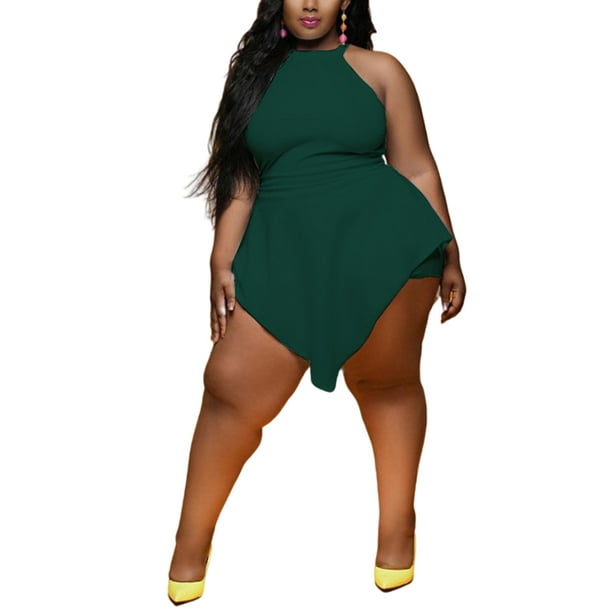 Glonme Womens Plus Size Rompers Solid Color Halter Tank Top Shorts Skirts Sexy Jumpsuit -