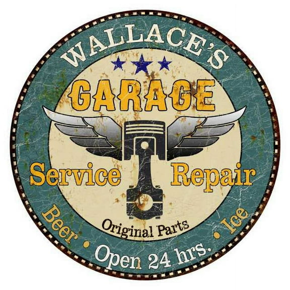 WALLACE'S Garage 12" Round Metal Sign Man Cave Home Wall Décor 200120027451
