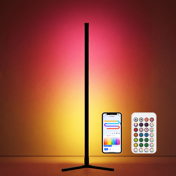 Corner Floor Lamp 41'' RGBIC LED with Music Sync, App & Remote Control, Color-Changing Ambient Lighting for Living Rooms, Gaming, Parties (Black)