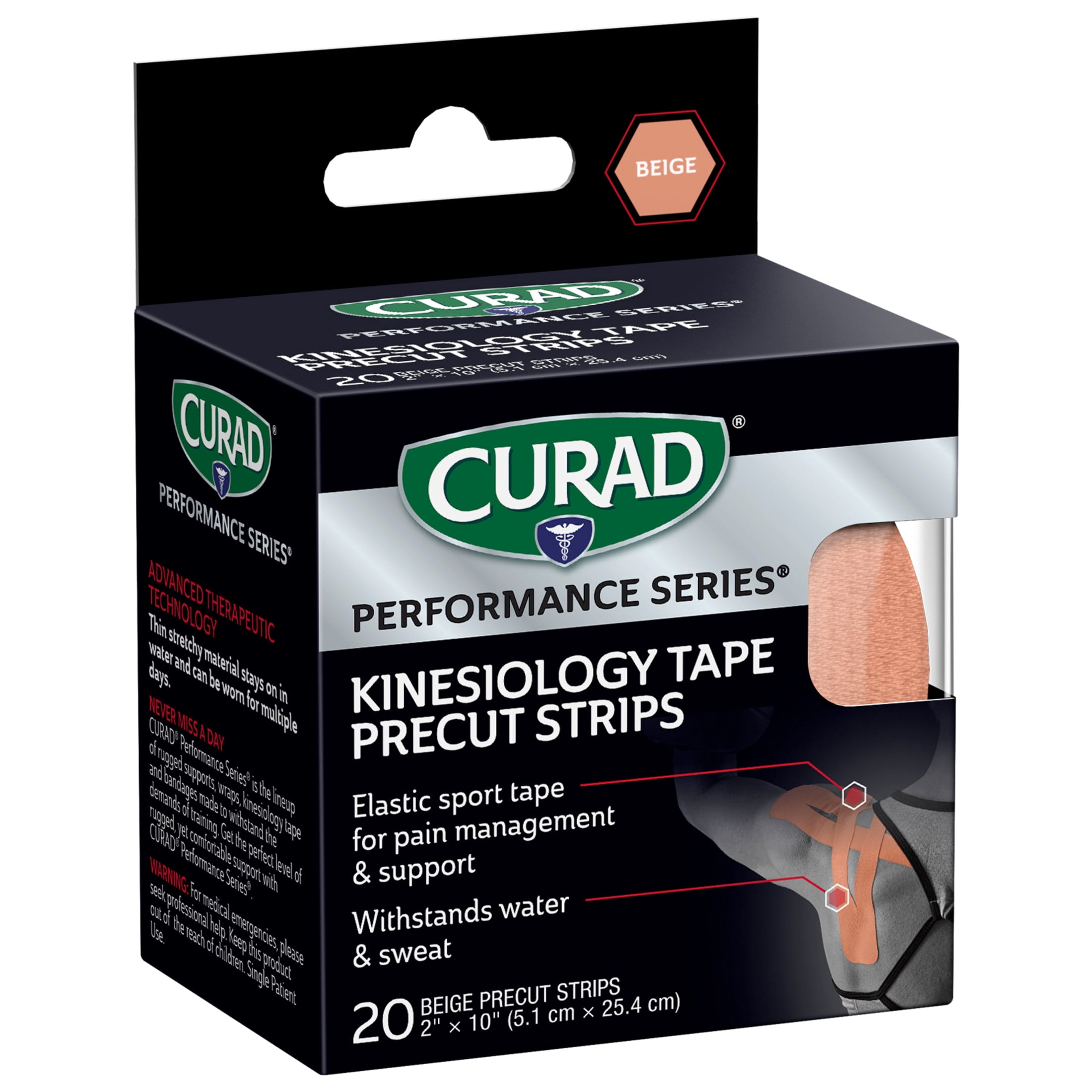 (3 pack) CURAD® Performance Series® Kinesiology Tape, Pain Management Technology, Sweat & Water-Resistant Athletic Tape, Beige, 2 in x 10 in, 1 Roll, 20 Strips