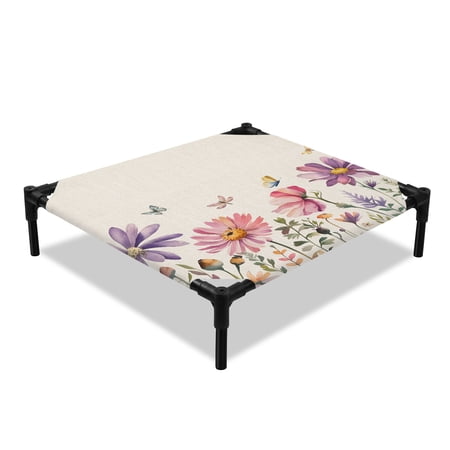 Pink Purple Daisy Elevated Dog Bed Butterfly Watercolor Floral Cooling Breathable Outdoor Raised Dog Cot Bed with Metal Frame Non-Slip Feet for Small Dog 20x20in