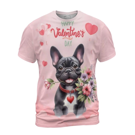 Happy Valentine's Day French Bulldog holding flowers All Over Print 3D Shirt Unisex Merch Dog Lover Gifts - 3005