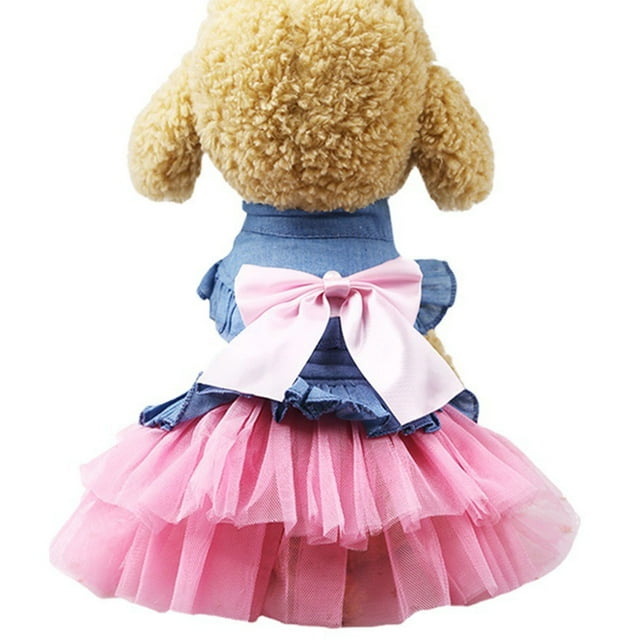 Pet Denim Dress with Cute BowKnot Comfy Vest Skirt Lace Trim Tutu
