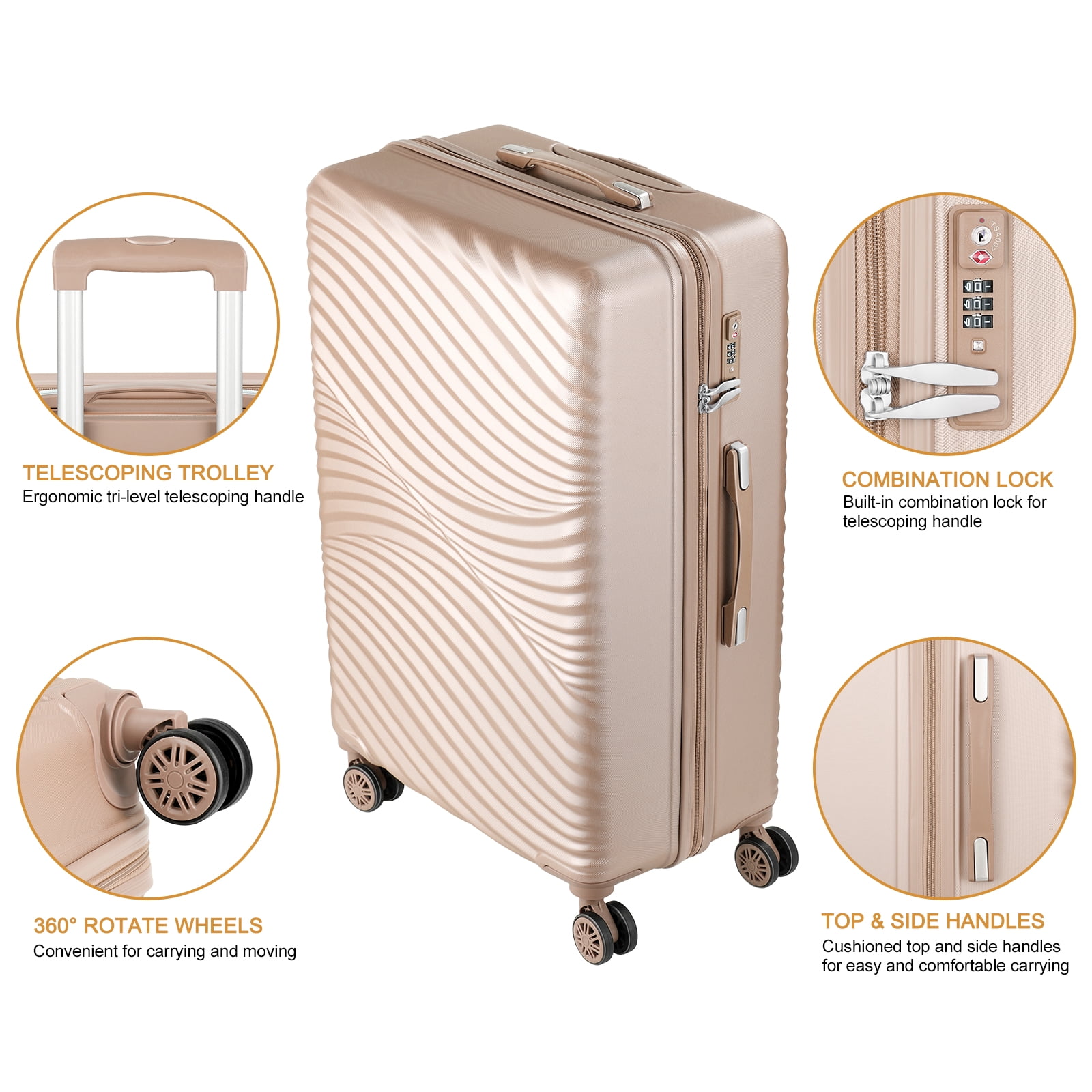 Luggage Sets 3 Pieces ABS Durable Suitcase Gold 20"24"28"