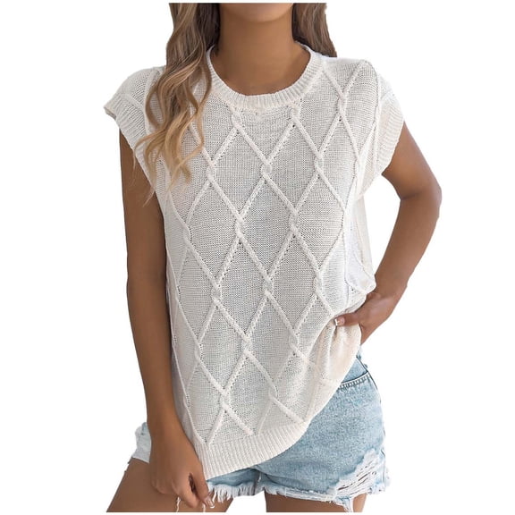 Ashyfjp Tops for Women Trendy, Womens Crochet Knit Tank Tops Sleeveless V Neck Blouse, Loose Fit Breathable Summer Shirts, White, L
