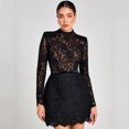 thumbnail image 3 of 2026 New European and American Style Women's Black Floral Lace High Neck Long Sleeve Mini Skater Dress With Waist Belt, 3 of 8