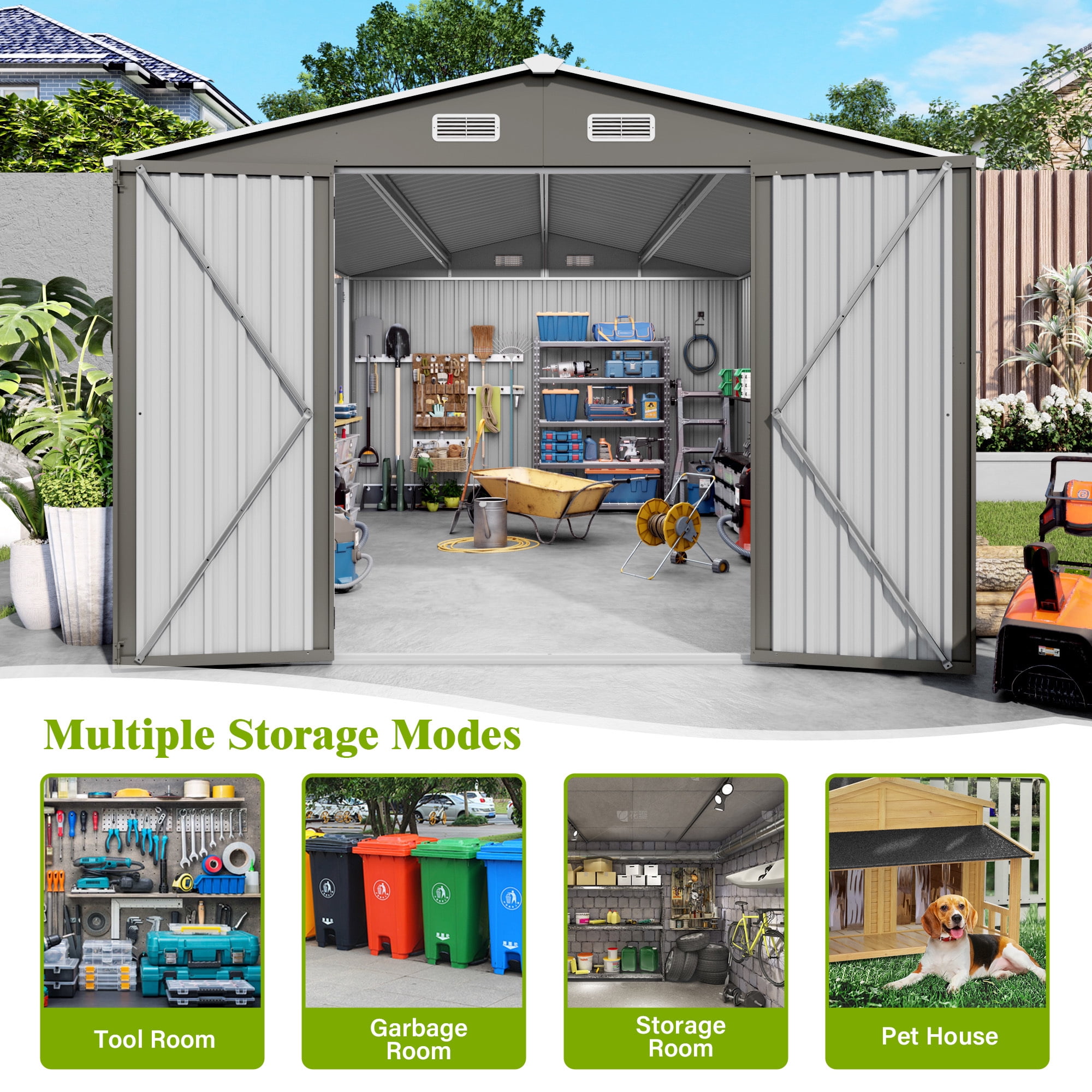 Leumius 10x14 FT Outdoor Metal Storage Shed, Durable Garden Shed with Three Lockable Doors and Clear Window for Backyard, Patio, Garden, All-Weather Shelter for Bike Gardening Tools Lawn Mowers Grey