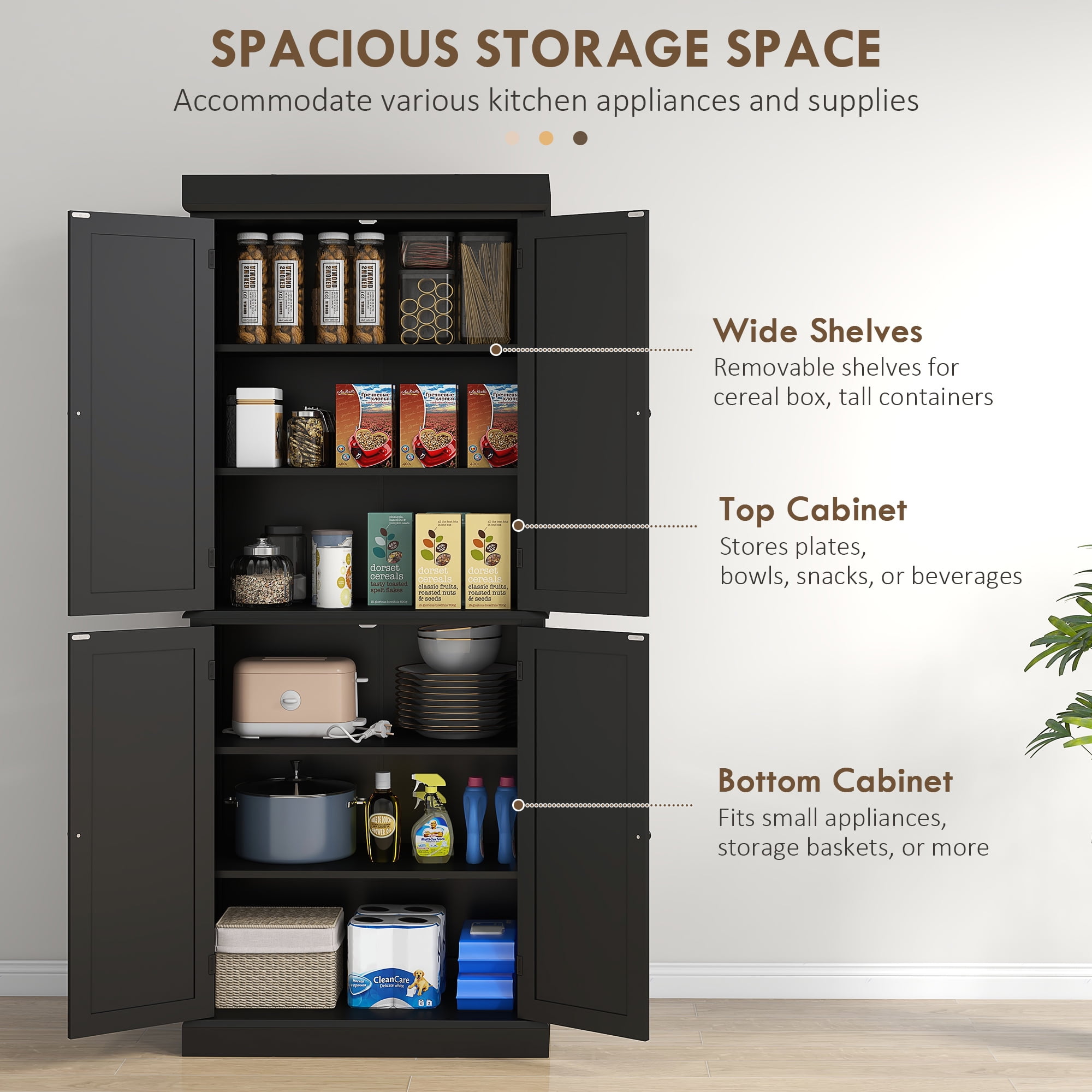 HOMCOM 72" Traditional Freestanding Kitchen Pantry Cupboard with 2 Cabinet, and Adjustable Shelves, Black