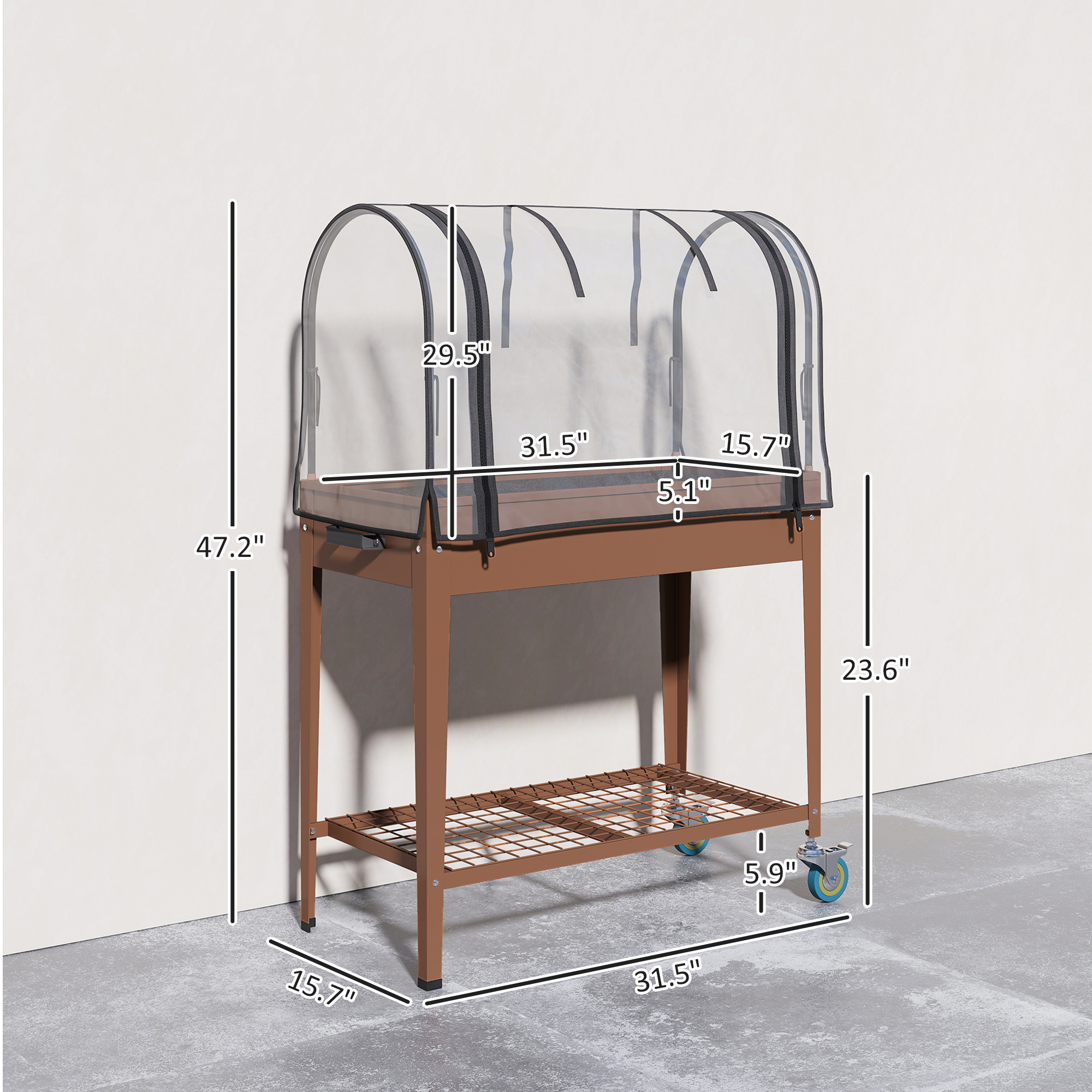 Outsunny Raised Garden Bed with Greenhouse Cover, Metal Outdoor Elevated Planter Box with Lockable Wheels, Storage Shelf and Drainage Hole, Brown