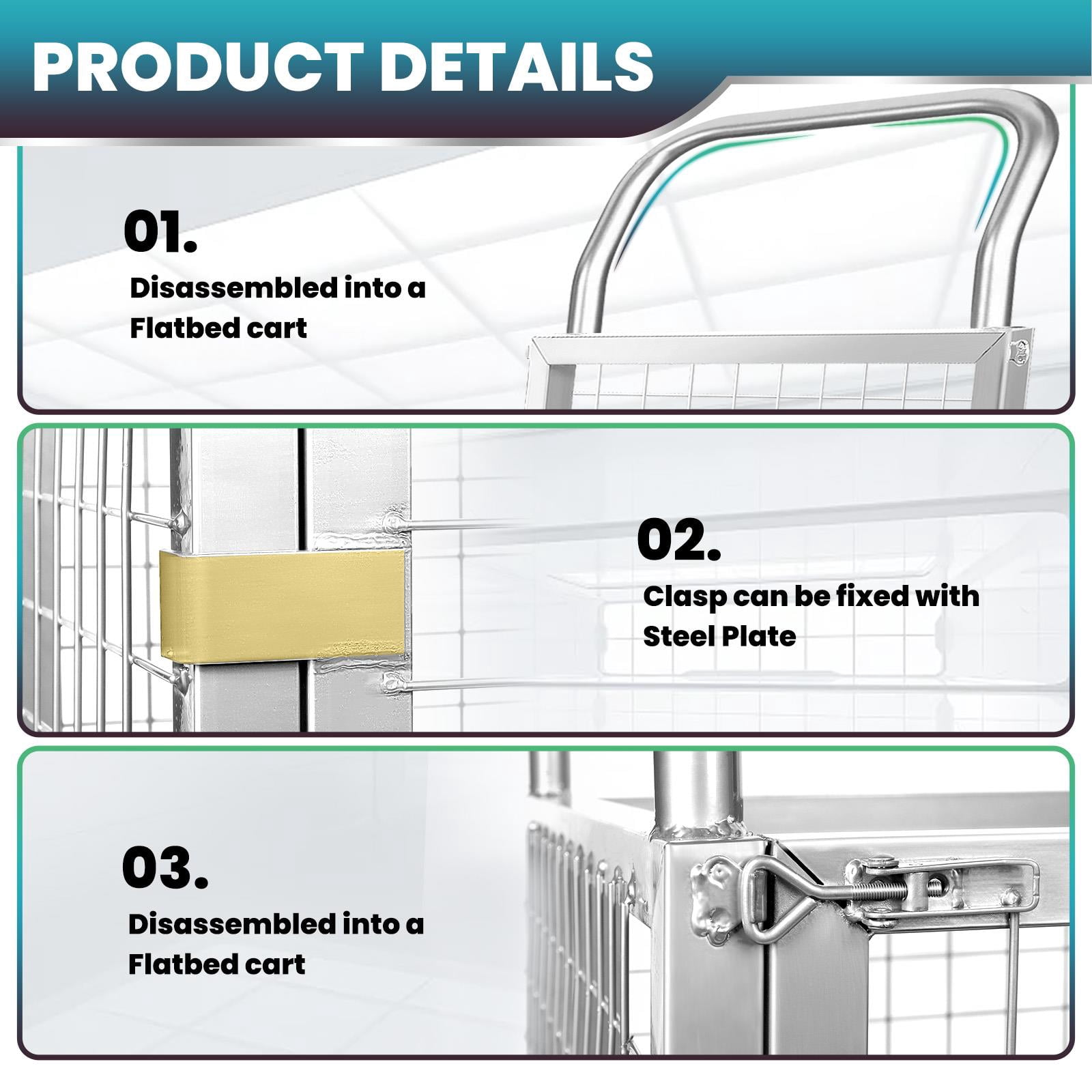 360° Swivel Wheels Wire Mesh Cage Hand Truck, Silver Steel 4-in-1 Detachable Utility Cart, 2200lbs Heavy Duty Push Dolly for Warehouse & Storage
