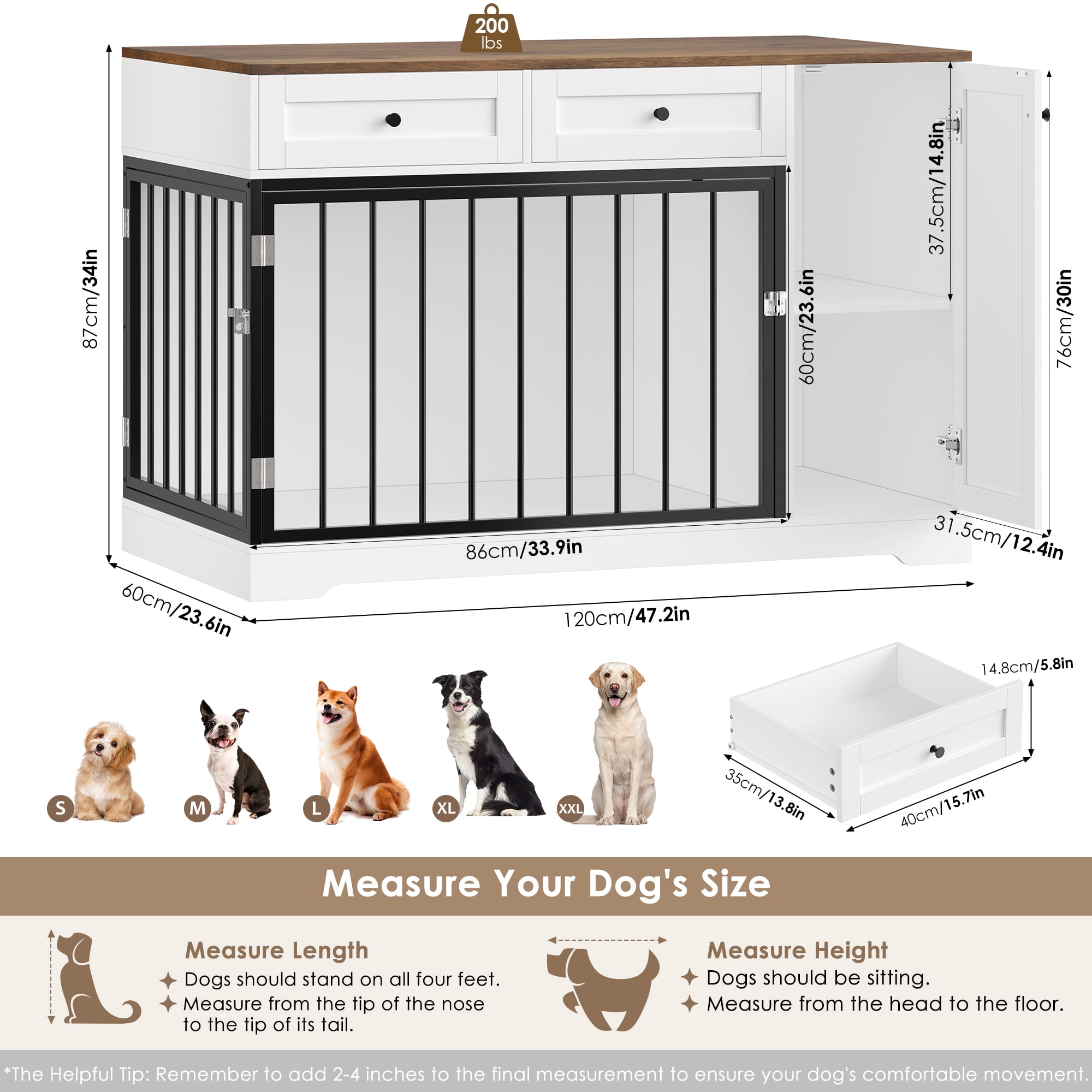 Homfa Dog Crate with Storage Cabinet and 2 Drawers, Indoor Furniture Style Wooden Large Dog Kennel, White