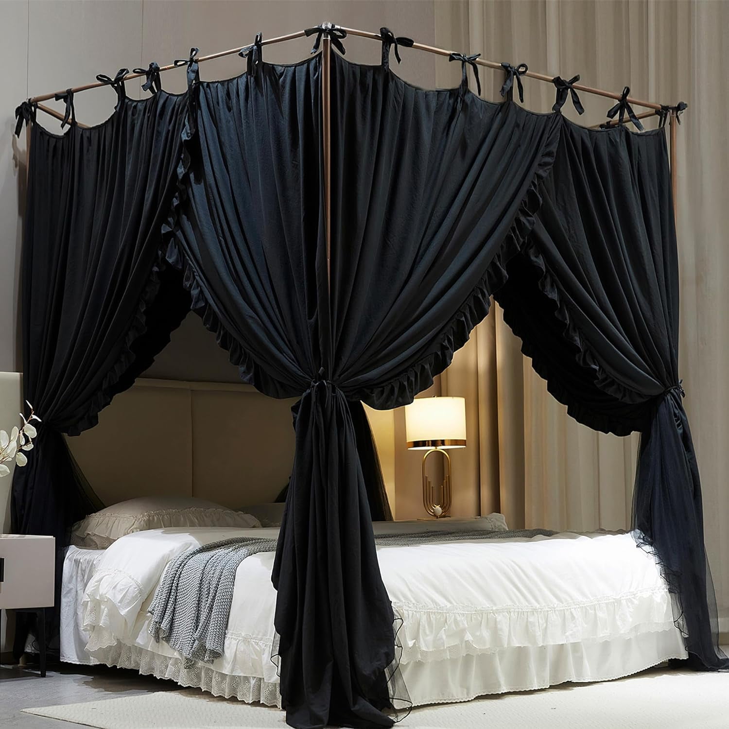 4 Corners Post Princess Curtain Bed Canopy Double Layer Cozy Mosquito Net Mesh and Cloth for Adults Bedroom Decoration (Double-Black/Black, 64" W*82" L*82"*H/(Queen))