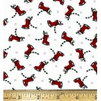 1 Fat Quarter - Mini Red Ice Skates & Christmas Holly Branches on White Cotton Fabric - 21" X 18"
