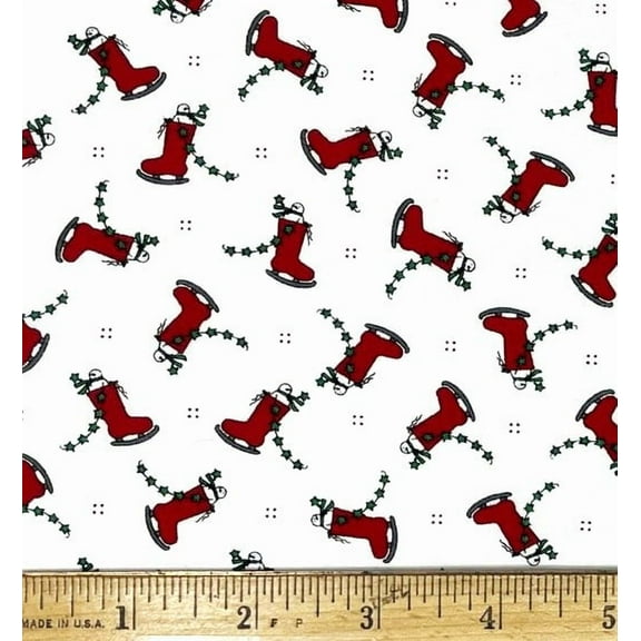 1 Fat Quarter - Mini Red Ice Skates & Christmas Holly Branches on White Cotton Fabric - 21" X 18"
