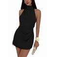 thumbnail image 2 of Women's Ruched Halter Sleeveless Mini Dress Tie Backless Bodycon Evening Party Cocktail Dresses Black S, 2 of 10