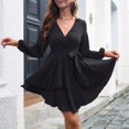 thumbnail image 4 of Vestido corto negro con escote en V, volantes, mangas largas, cintura con lazo y dobladillo mini con vuelo, 4 of 7