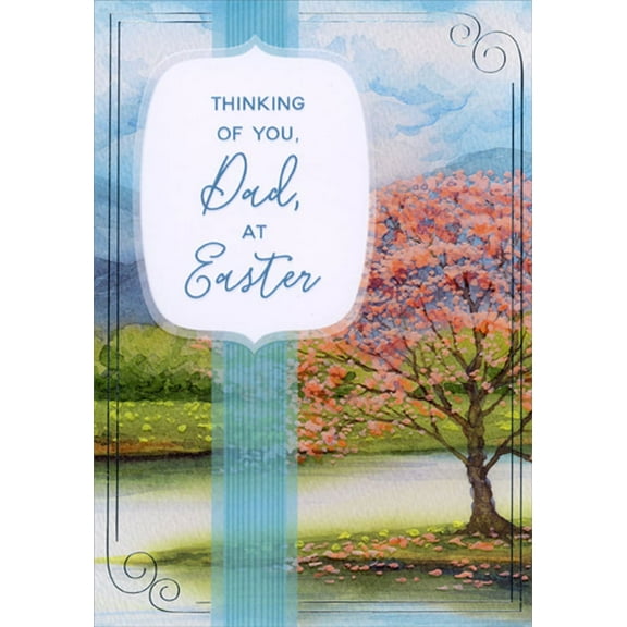 Designer Greetings Tree with Pink Leaves, Stream and Blue Mountains Watercolor Dad Easter Card