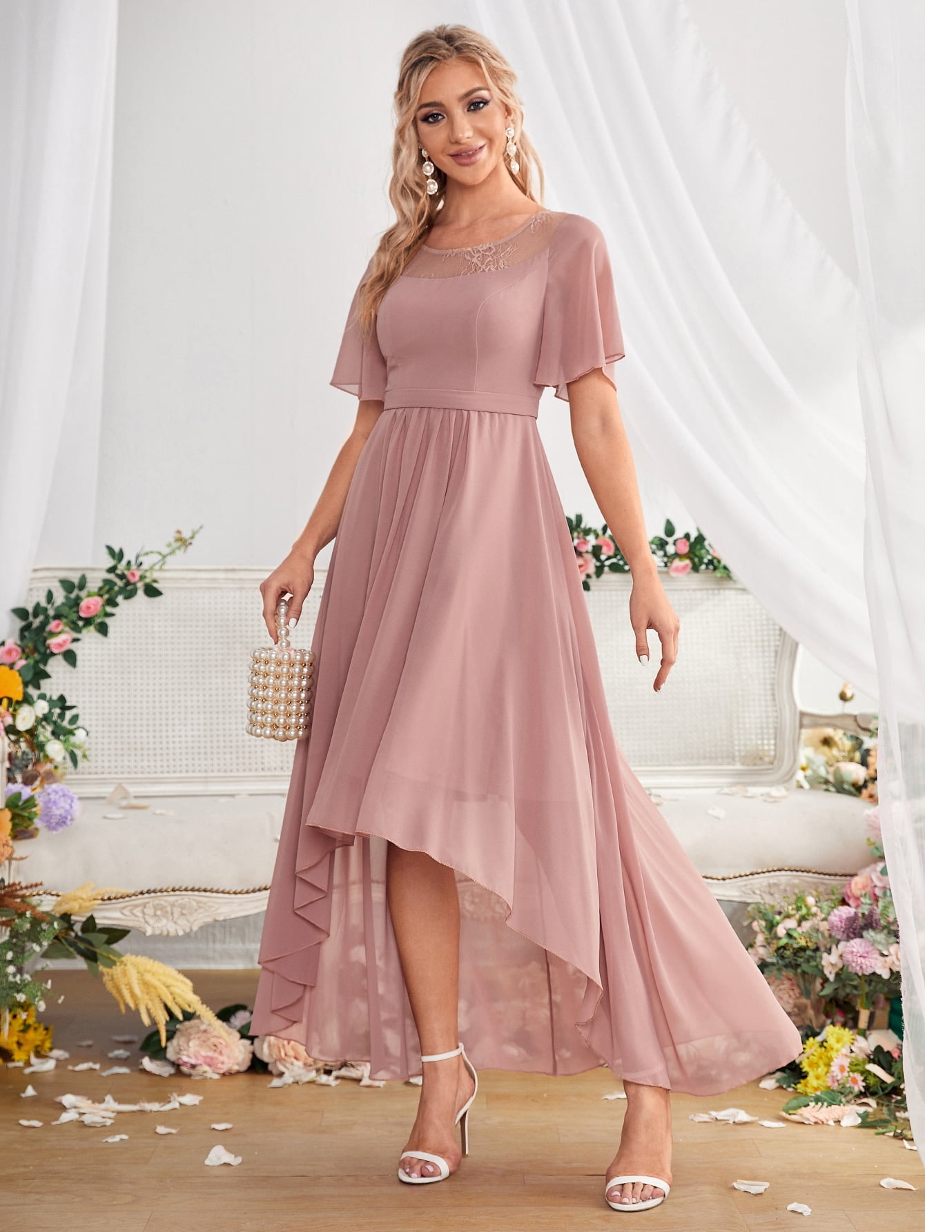 Glamorous Lace Panel Butterfly Sleeve High Low Hem Bahrain Ubuy