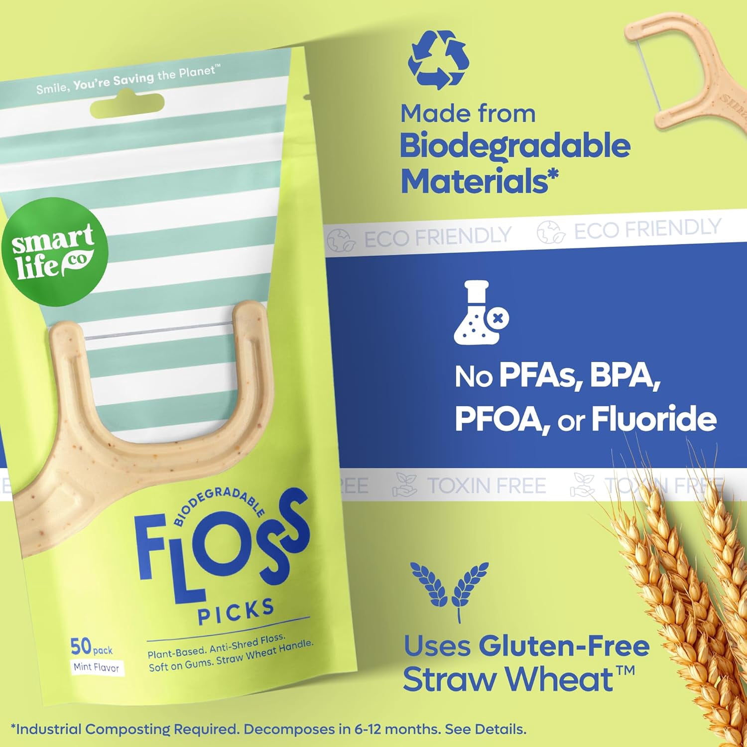 Biodegradable dental floss picks - eco-friendly handle, 200 wheat straw toothpicks