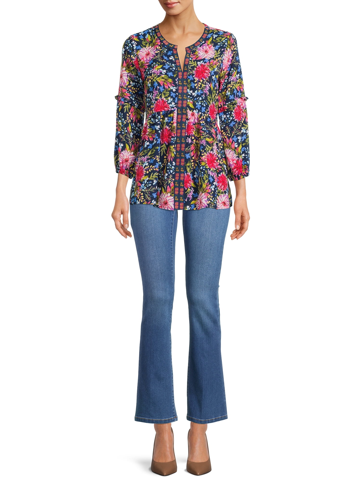 The Pioneer Woman Pull On Embroidered Bootcut Jeans, 32” Inseam, Sizes XS-3X, Women's and Women's Plus