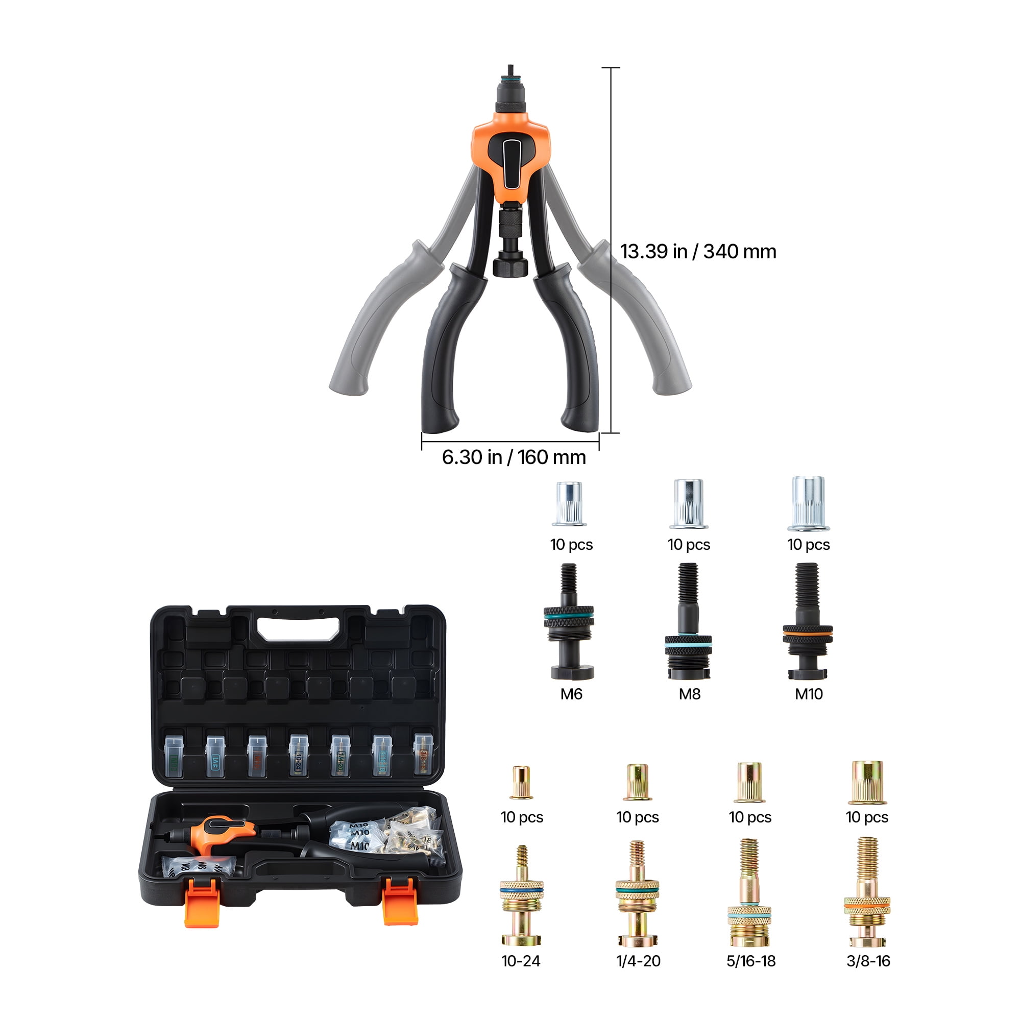 KFFKFF 14-Inch Rivet Nut Tool Kit, Two-Handed Design, Includes 7 Mandrels and 70 Rivet Nuts, Compatible with Metric and SAE Sizes M6, M8, M10, 10-24, 1/4-20, 5/16-18, 3/8-16 UNC