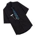 thumbnail image 2 of Camisa de manga corta unisex tipo suelto decoración de enlace blusa casual con cuello vuelto y corbata negro M, 2 of 8
