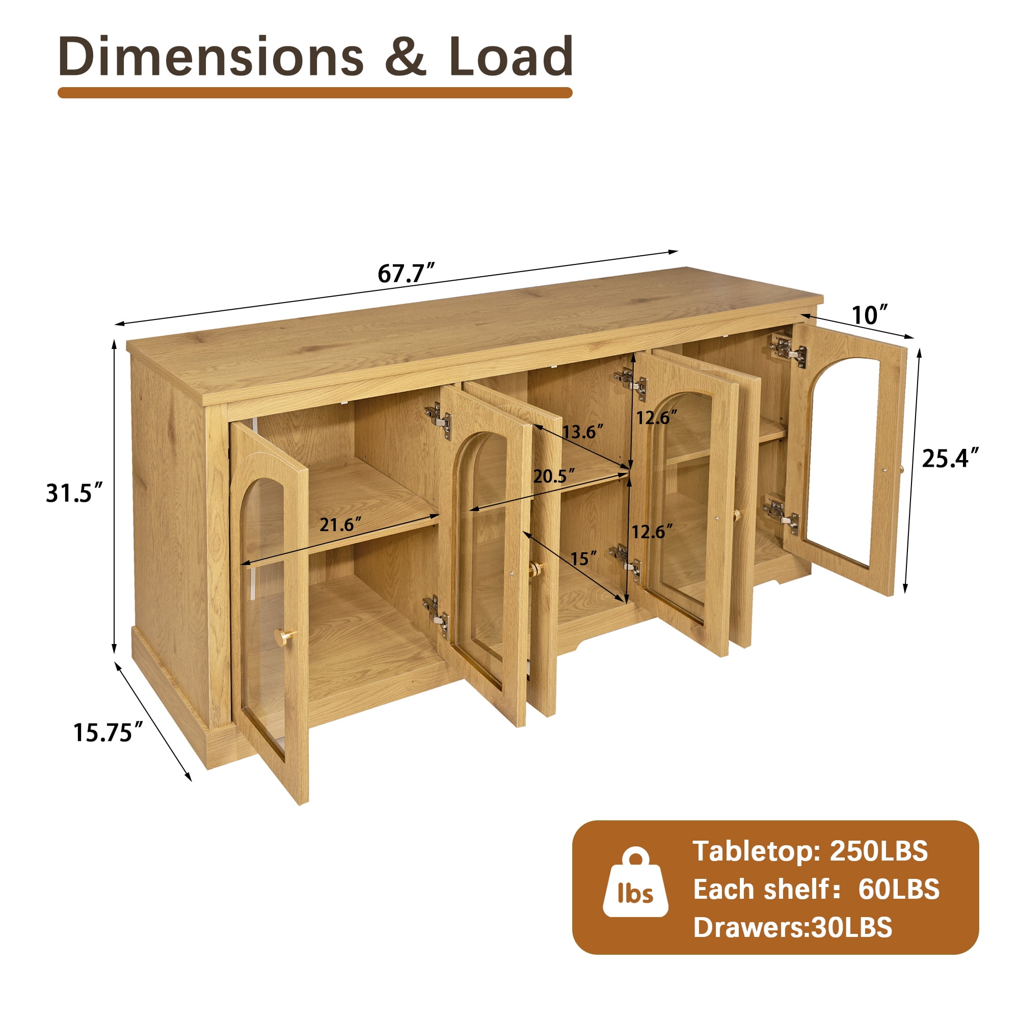 HOQBN 68" Modern Arched Glass Sideboard with 6 Doors, Buffet Cabinet with Storage and Adjustable Shelves, Large Credenza for Living Room,Kitchen,Entryway,Natural