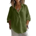 thumbnail image 3 of ClodeEU Women's V Neck 3/4 Sleeve Linen Blend Blouse,Casual Loose Fit Half Button Shirt Army Green,Women's Plus L, 3 of 9