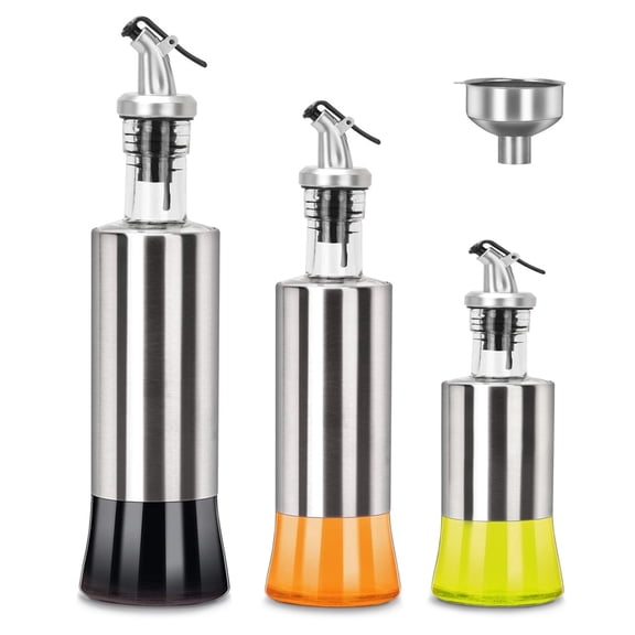 AGCAN Olive Oil Dispenser Bottle, 3 Pack 17oz/10oz/7oz Glass Oil Dispenser, Oil and Vinegar Dispenser Set with 1 Funnel for Kitchen