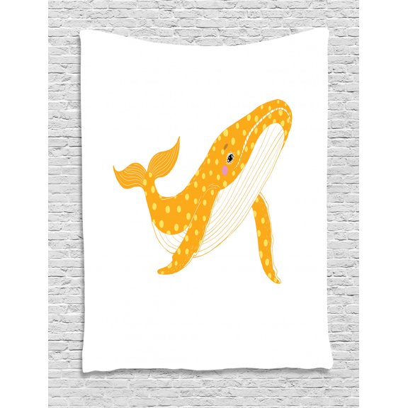 Whale Tapestry, Big Cartoon Sea Animal Ocean Mammal Aquatic Wildlife Illustration, Wall Hanging for Bedroom Living Room Dorm Decor, 40W X 60L Inches, Marigold Yellow and White, by Ambesonne