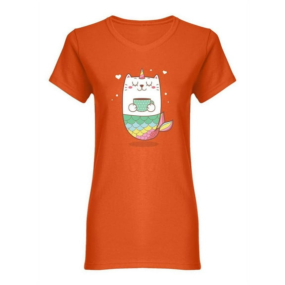 Cute Cat Mermaid Drinking Coffee Shaped T-Shirt Women -Image by Shutterstock, Female x-Large