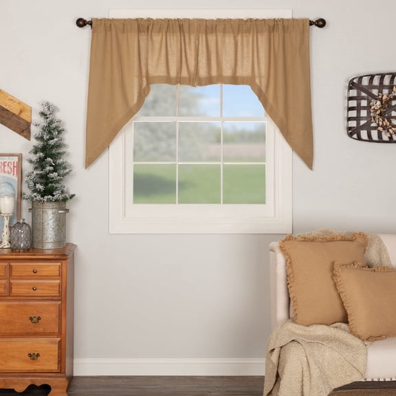 VHC Brands Burlap Solid Color Cotton Farmhouse Kitchen Curtains Rod Pocket Swag Pair, Natural Tan