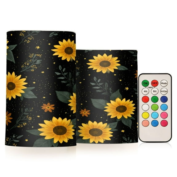 Set of 2 Flameless Candles Lights with Remote Control Flickering LED Candles Electric Candles for Home Decor Parties Yellow Sunflower Pattern