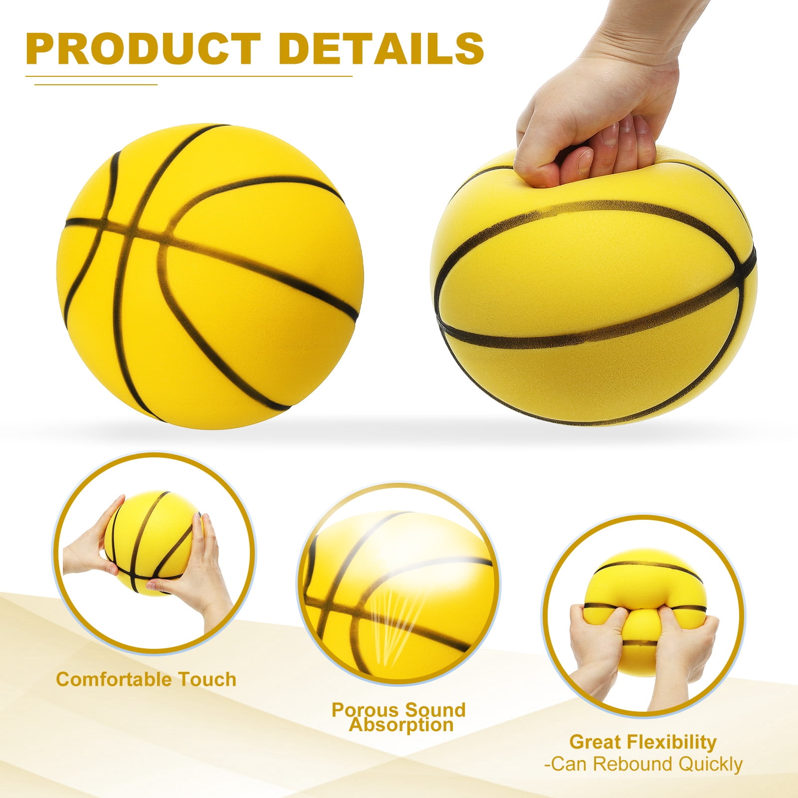 Uxcell Silent Basketball No Noise High-Density Foam Dribbling Indoor Basketball with Net for Quiet Dribbling Yellow NO.3
