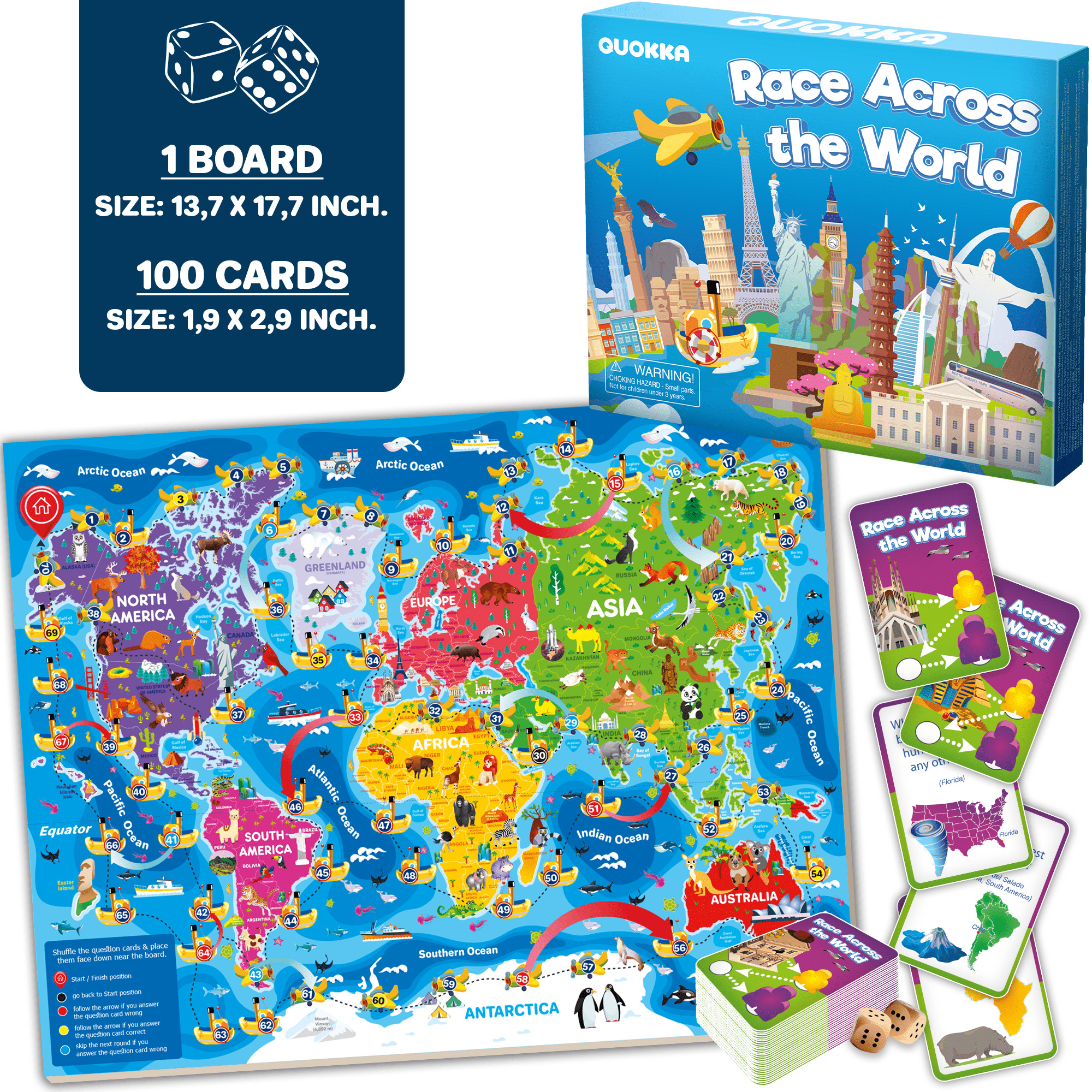 Quokka Learning Board Games for Kids 6-8 - Educational Trivia Cards Ages 8-12 - 3X Set World USA Map & Space