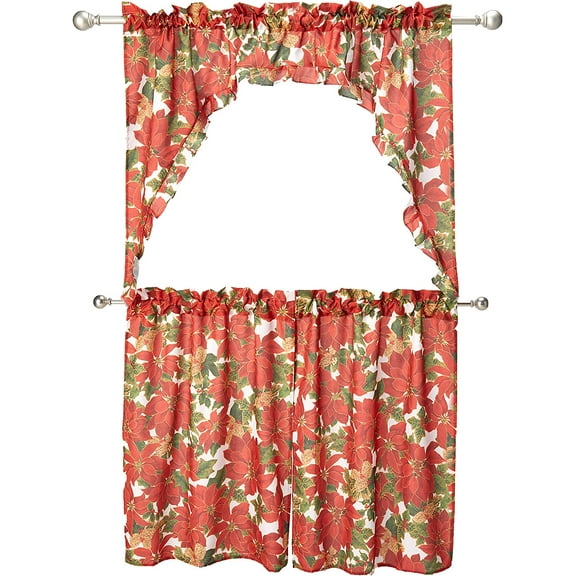 Violet Linen European Seasonal Botanical Decorative Christmas Printed 3 Piece Kitchen Curtain Set