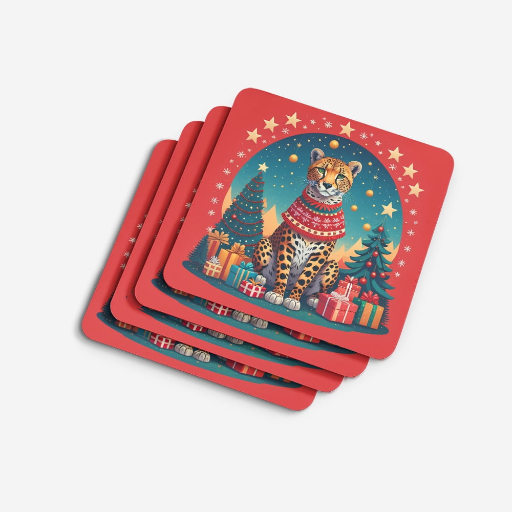 Cheetah Christmas Foam Coaster Set of 4 3.5 in x 3.5 in