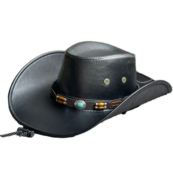 Fairnull Retro Ethnic Style Belt Decor Faux Leather Western Cowboy Hat Women Men Vintage Gentleman Dress Hat Adjustable Cowgirl Jazz Hat