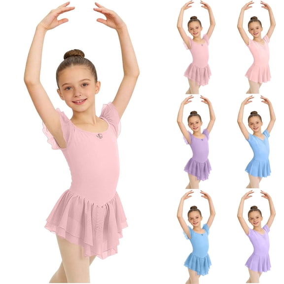 Fancifize Girls Short Sleeve Ballet Dress Summer Dance Leotards with Skirts Kids Casual Bodysuit 3-15 Years
