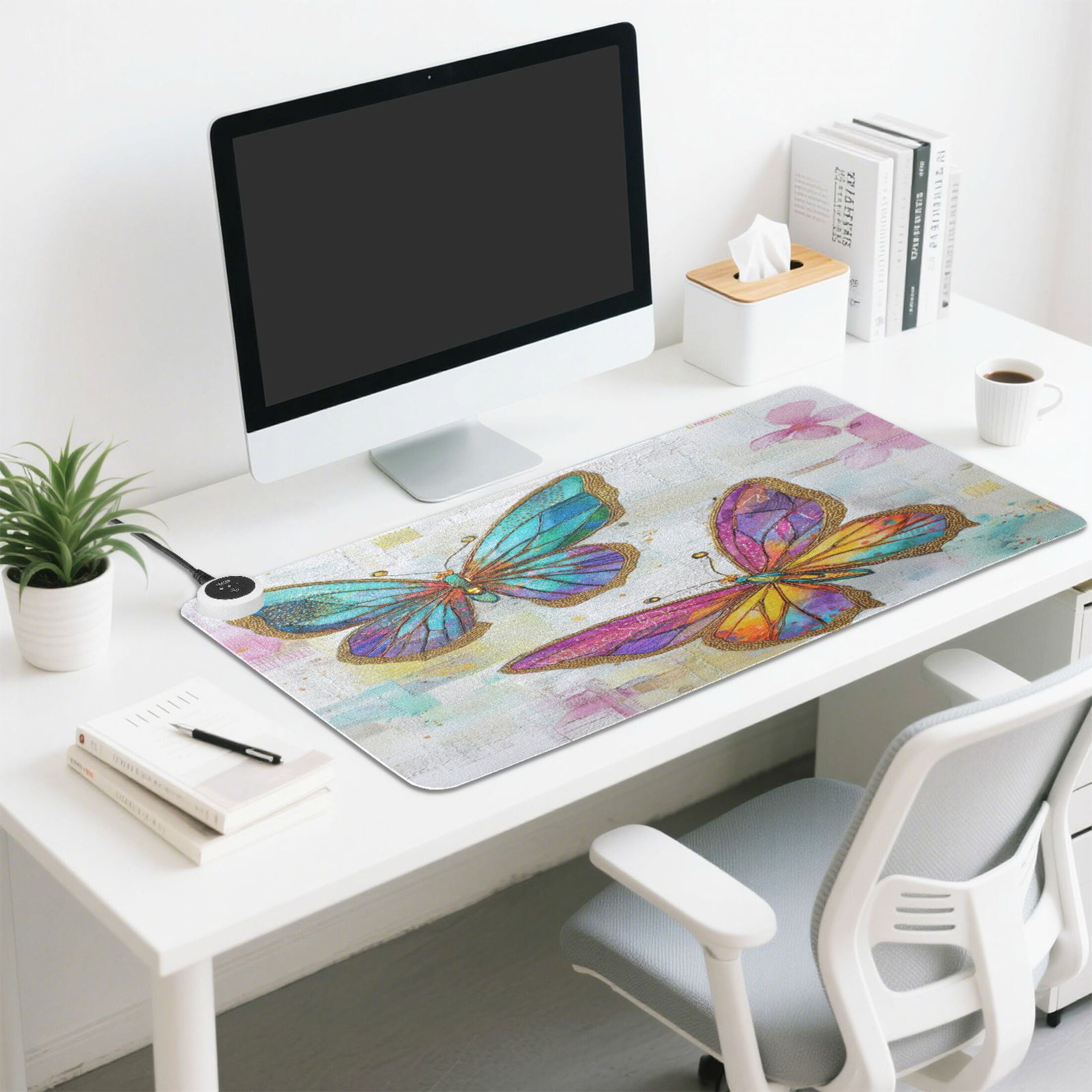Wobogo Artistic Butterfly Heated Mouse Pad Extra-Large Desk Mat With 3 Heating Levels and 3-hour Auto Shut-Off Protection Ideal for Computer Keyboards Home Office Hand-warming Essential 31.5in × 13in