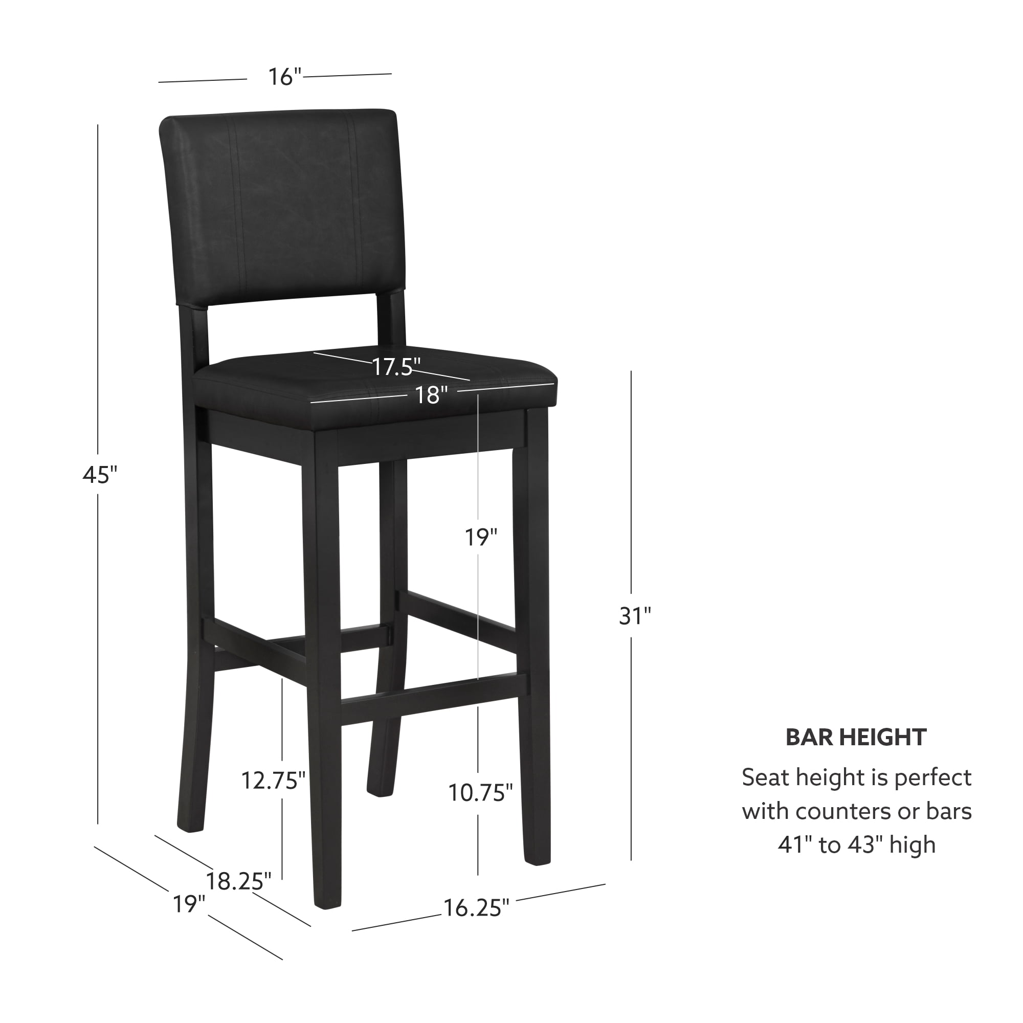 Linon Milano 31" Indoor Padded Mid Back Barstool, Black Faux Leather