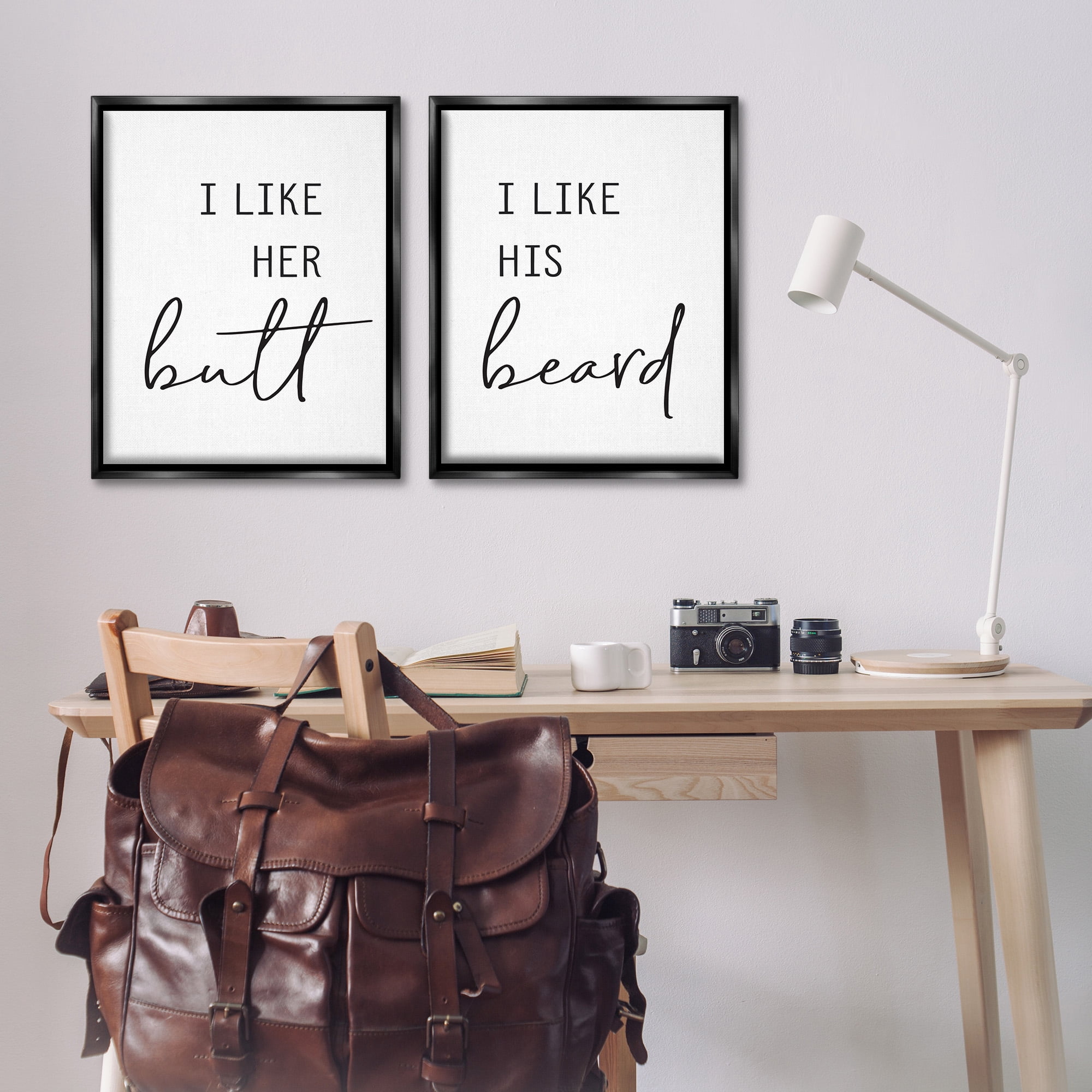 Stupell Industries Her Butt His Beard Funny Romantic Typography Painting Black Floater Framed Canvas Art Print Wall Art, 25 x 31, Set of 2
