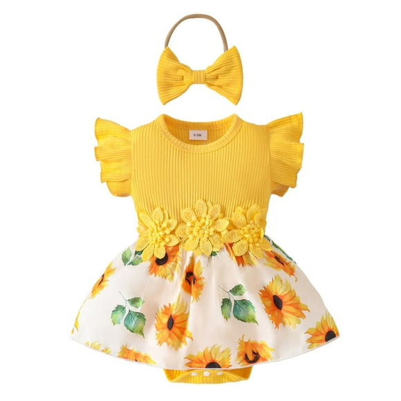 Newborn Onesies Girl Baby Newborn Girls'summer Sleeveless Ribbed Floral Applique Dress Casual Romper Barboteuse Bebe Fille Yellow 6 Months-9 Months