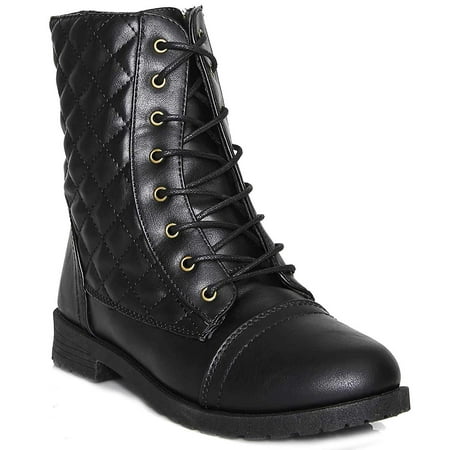 Leather Lace Up Combat Boots - Quilted Lace up Military Style Combat Boots Women's Vegan Leather - 6.5
